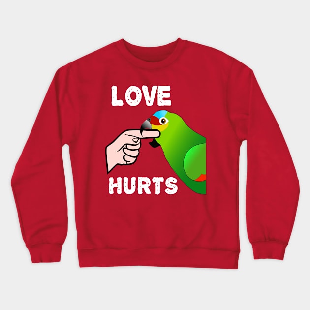 Love Hurts Red Lored Amazon Parrot Biting Crewneck Sweatshirt by Einstein Parrot